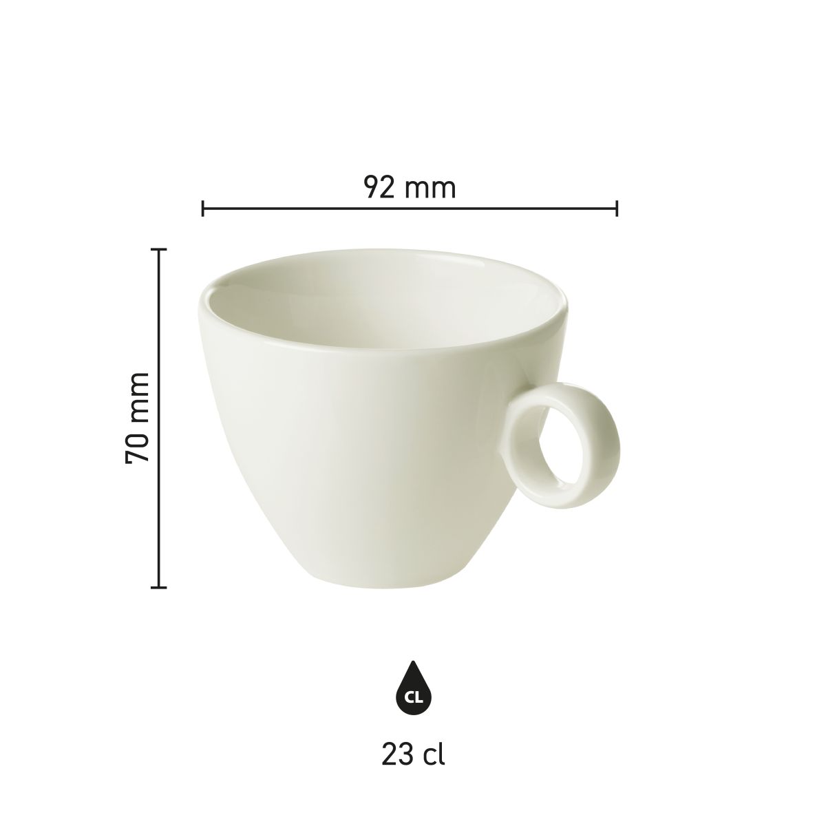 Infografik zeigt Höhe und Durchmesser der Bart Cappuccino Tasse 23 cl. Porzellan in der Größenübersicht.