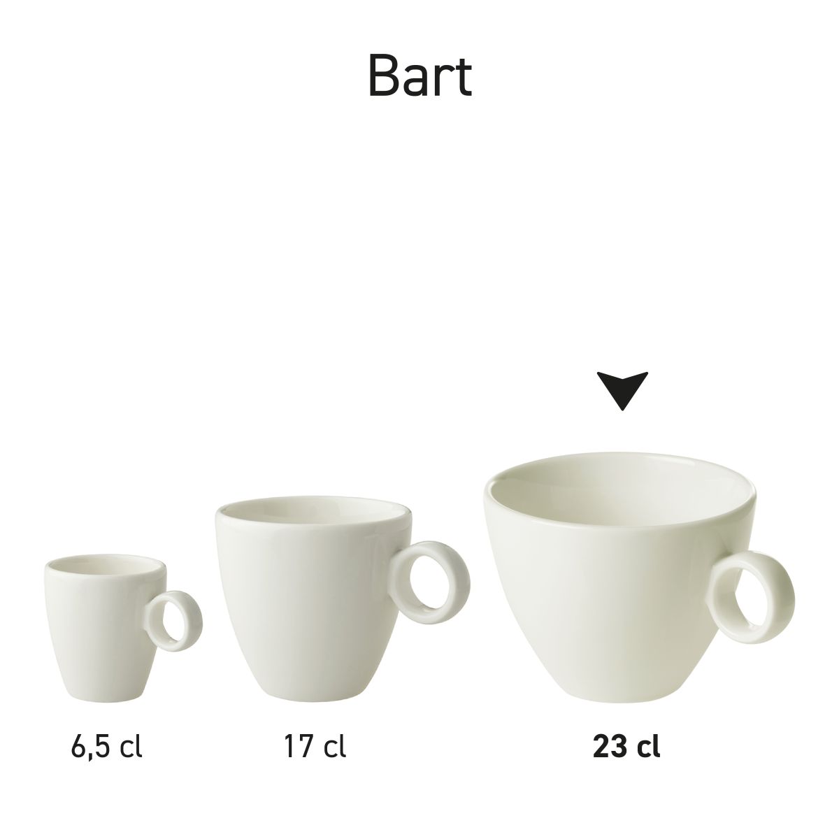 Serie Bart Cappuccinotassen aus weißem Porzellan nebeneinander als einheitliches Produktangebot.