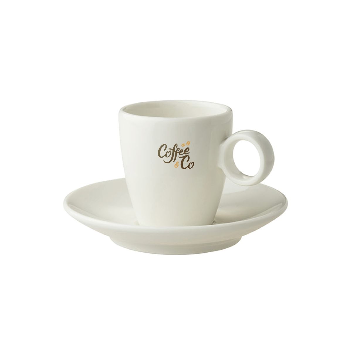 Vollfarbiges CoffeeCo-Logo auf der Vorderseite des Bart Espresso Porzellansets.