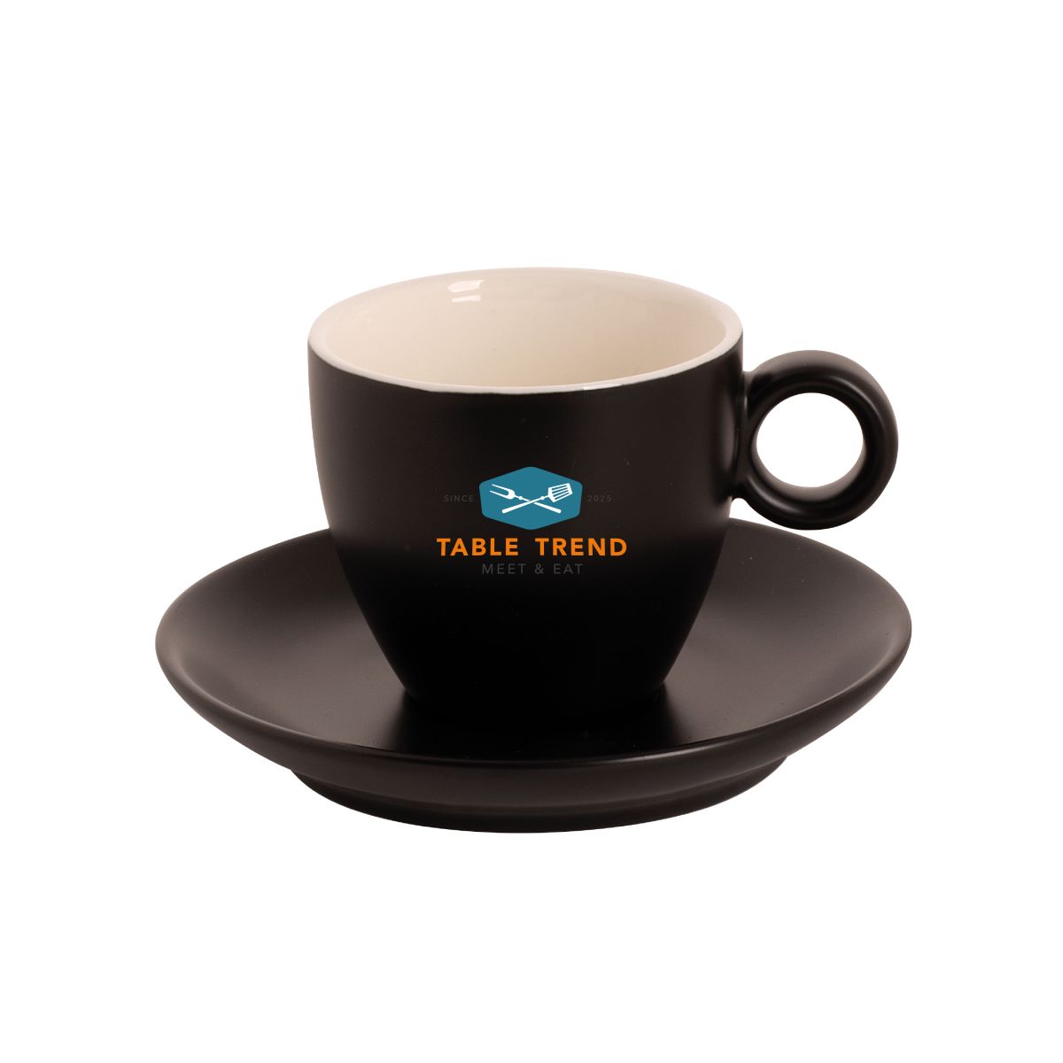 Vorderansicht der matten Porzellan-Kaffeetassen 17 cl mit TableTrend-Logo in verschiedenen Farben.