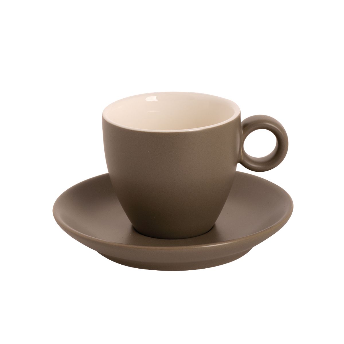 Vorderansicht des Bart Kaffee 17 cl. Matt Set aus mattbraunem Porzellan, bestehend aus Tasse und Untertasse.