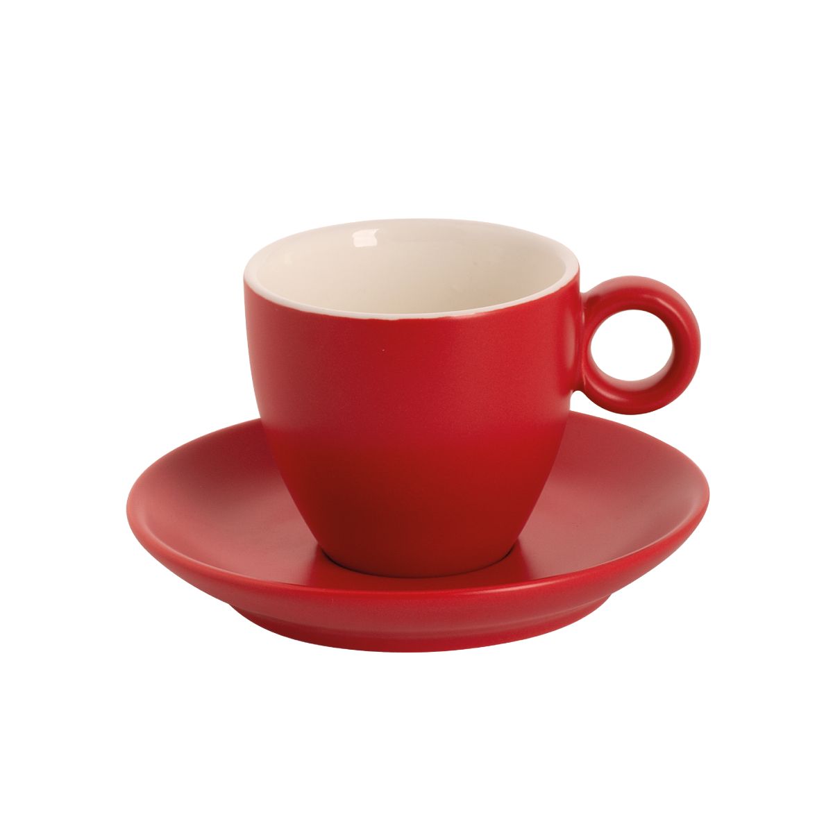 Vorderansicht des  Bart Kaffee 17 cl. Matt Set aus mattrotem Porzellan, bestehend aus Tasse und Untertasse.
