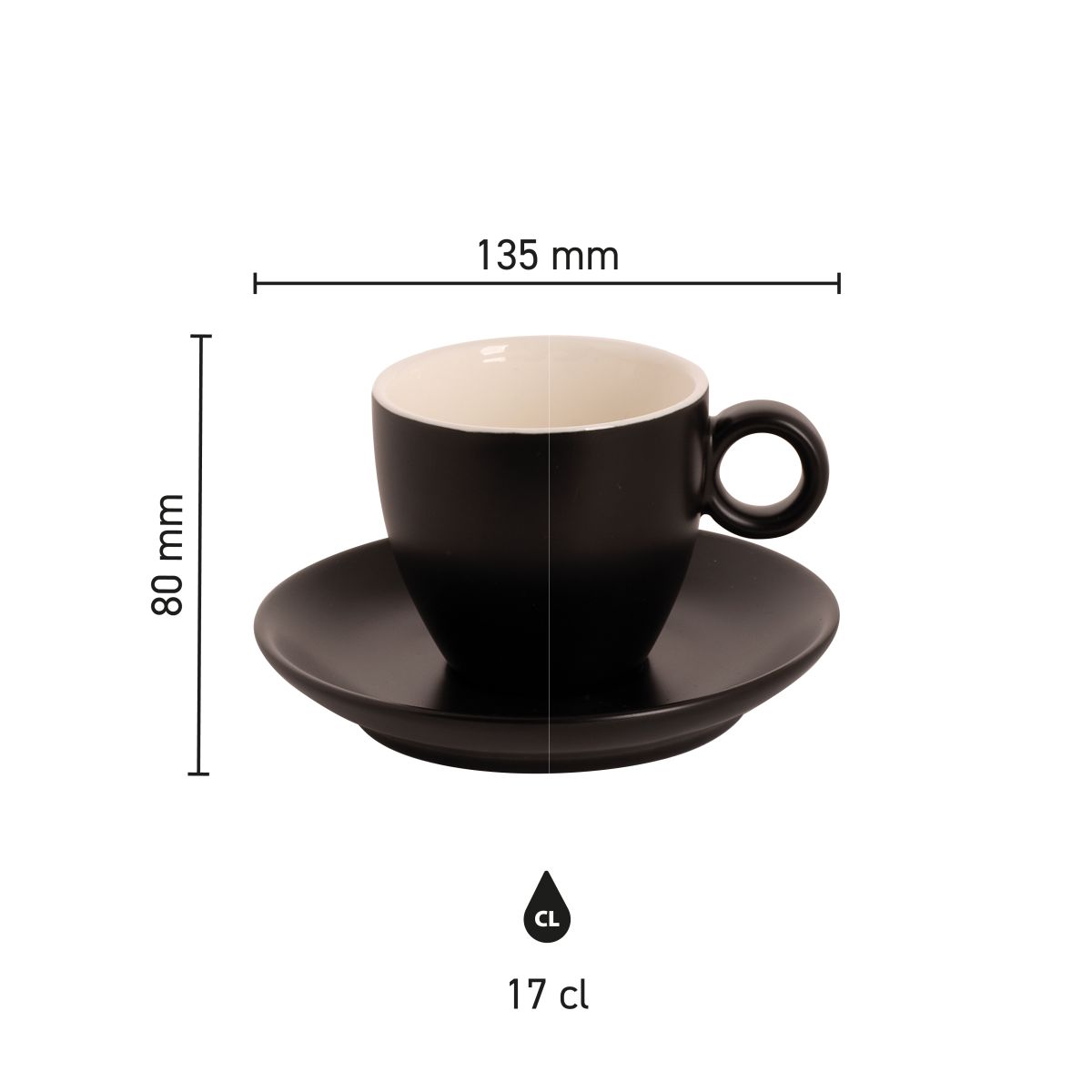 Infografik mit den Produktabmessungen des Bart Coffee 17 cl ma.t Porzellansets.