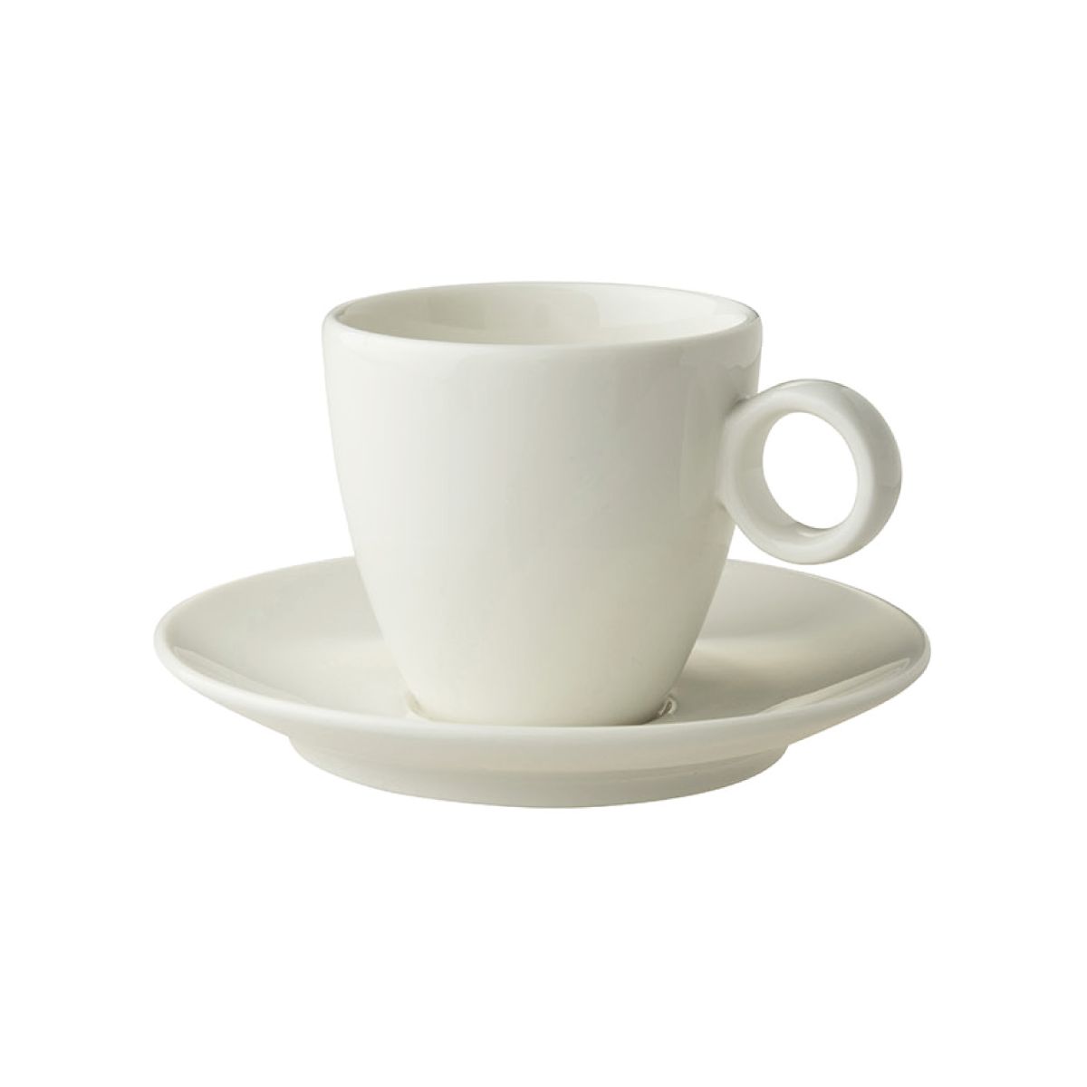 Vorderansicht des Bart Coffee 17 cl Sets aus weißem Porzellan mit einfacher zylindrischer Form. Vorderansicht des Bart Coffee 17 cl Sets aus weißem Porzellan mit einfacher zylindrischer Form.