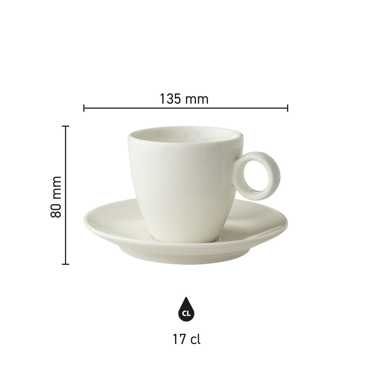 Infografik mit den Abmessungen von Bart Coffee 17 cl. Aus Porzellan.