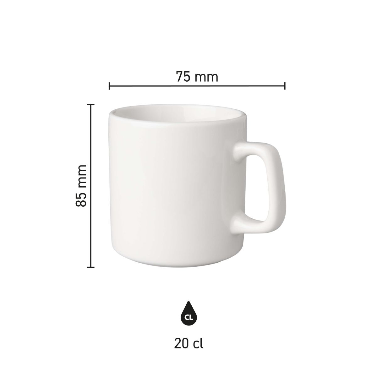 Abmessungen der Budgetline Tasse 20 cl Brabant in der Infografik, einschließlich Durchmesser und Höhe.