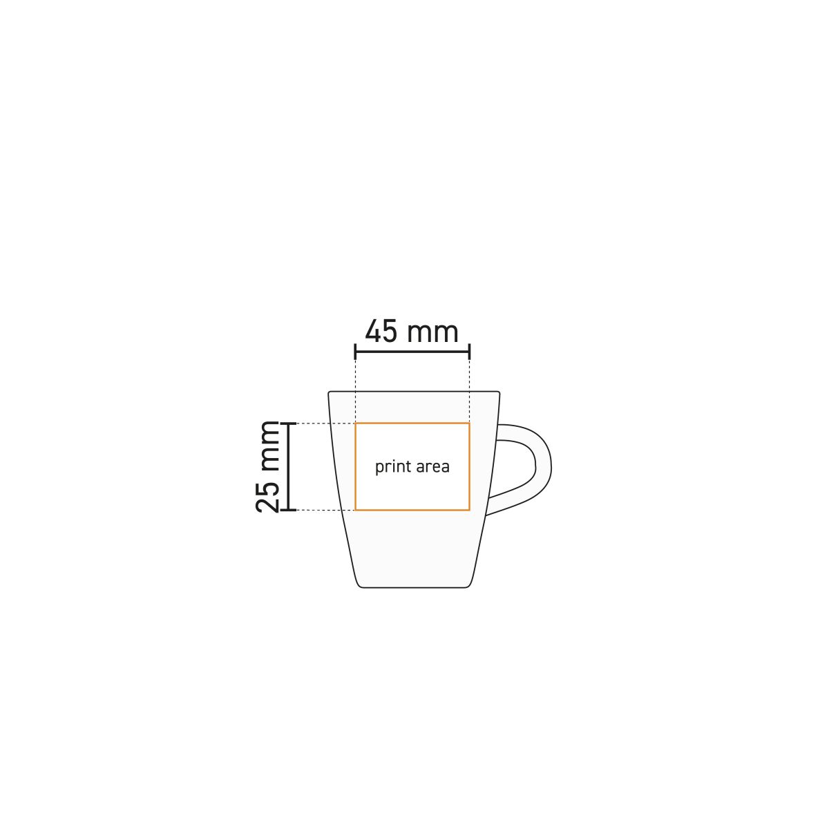 Anzeige der Druckfläche auf weißem Budgetline Neo Becher 20 cl. in Arbeitszeichnung.