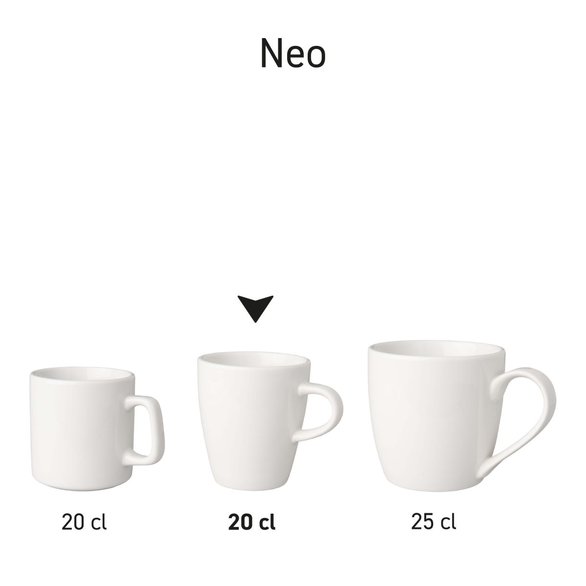 Tassenset aus weißem Porzellan Neo, das zur Produktübersicht in Serie präsentiert wird.