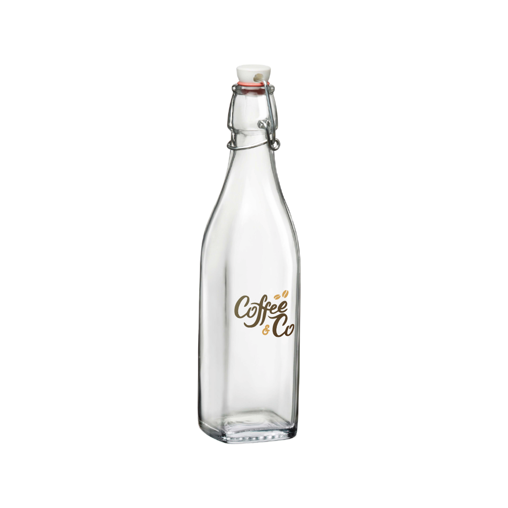 Bügelflasche Swing 0,5 L mit Bügelverschluss und vollfarbigem CoffeeCo-Logo auf der Vorderseite.