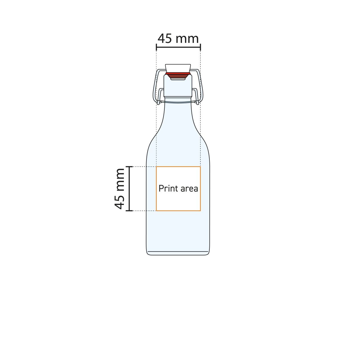 Technische Arbeitszeichnung der quadratischen Bügelflasche 0,25 Liter  mit angegebener Druckfläche.