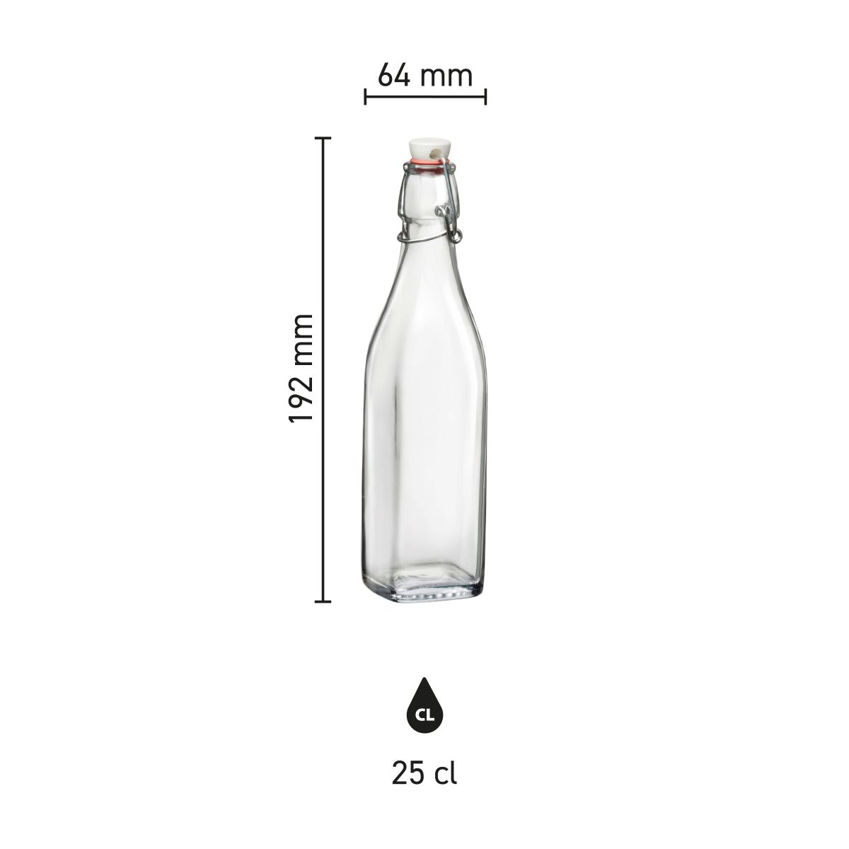Infografik mit den Höhen- und Breitenmaßen der quadratischen Longline-Glasflasche Swing mit 0,25 Litern Inhalt.