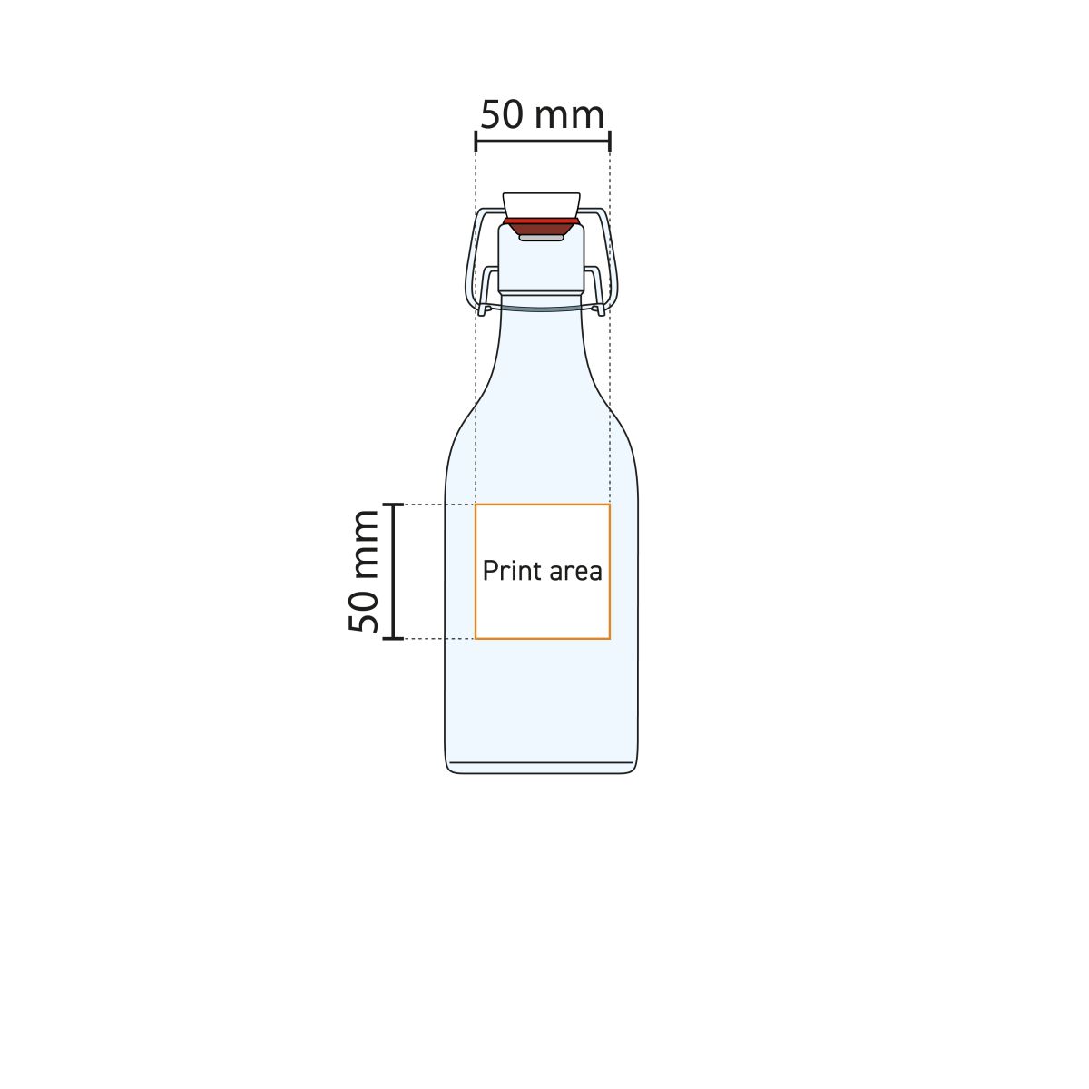 Detaillierte technische Zeichnung der Square Swing Longline-Flasche 0,5 Liter mit markiertem Druckbereich.