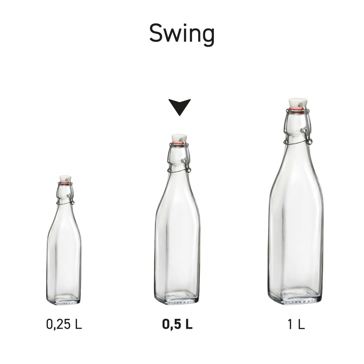 Serie von 0,5-Liter-Glasflaschen Swing in Reihenanordnung, mit identischer Form und Bügelverschluss.