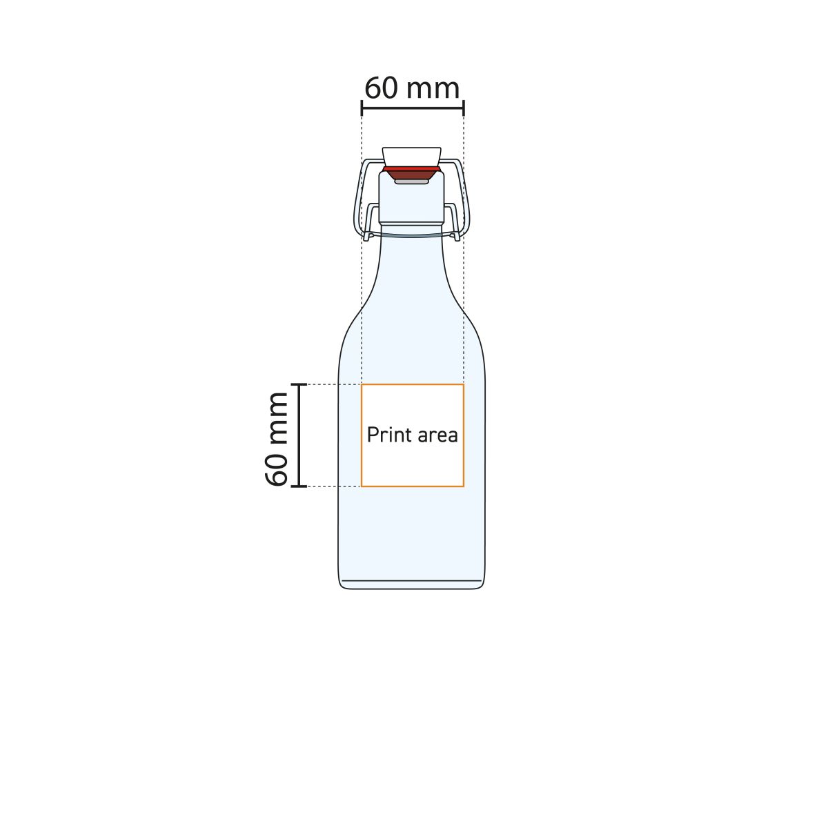 Technische Arbeitszeichnung mit Angabe der Druckfläche auf der Pendelflasche Swing square 1 Liter Glas.