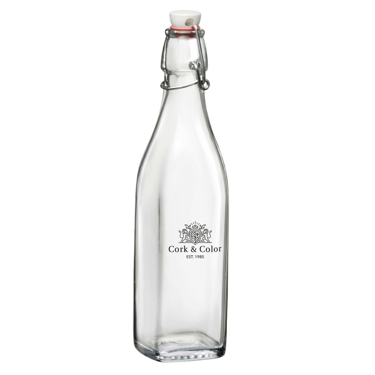 Bügelflasche Swing 1 Liter mit einfarbigem CorkColor-Logo auf der Vorderansicht.
