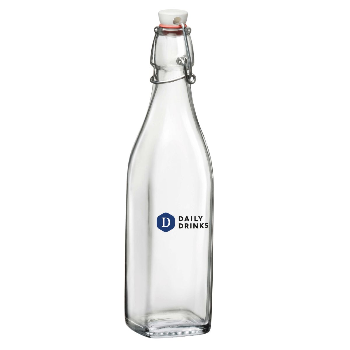 Bügelflasche Swing 1 Liter aus Porzellan mit mehrfarbigem DailyDrinks-Logo auf der Vorderseite.