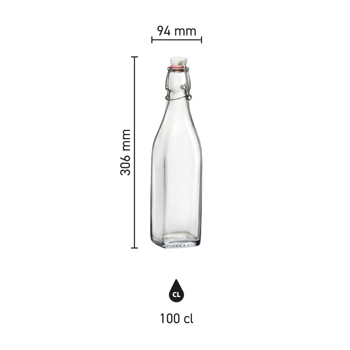 Die Infografik zeigt die Abmessungen der quadratischen Swing-Glasflasche 1 Liter mit Bügelverschluss.