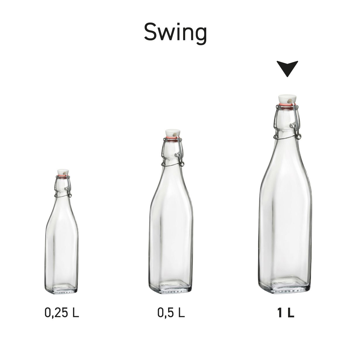 Reihe von Glasschwenkbügelflaschen Swing square als Serie zur Produktübersicht abgebildet.