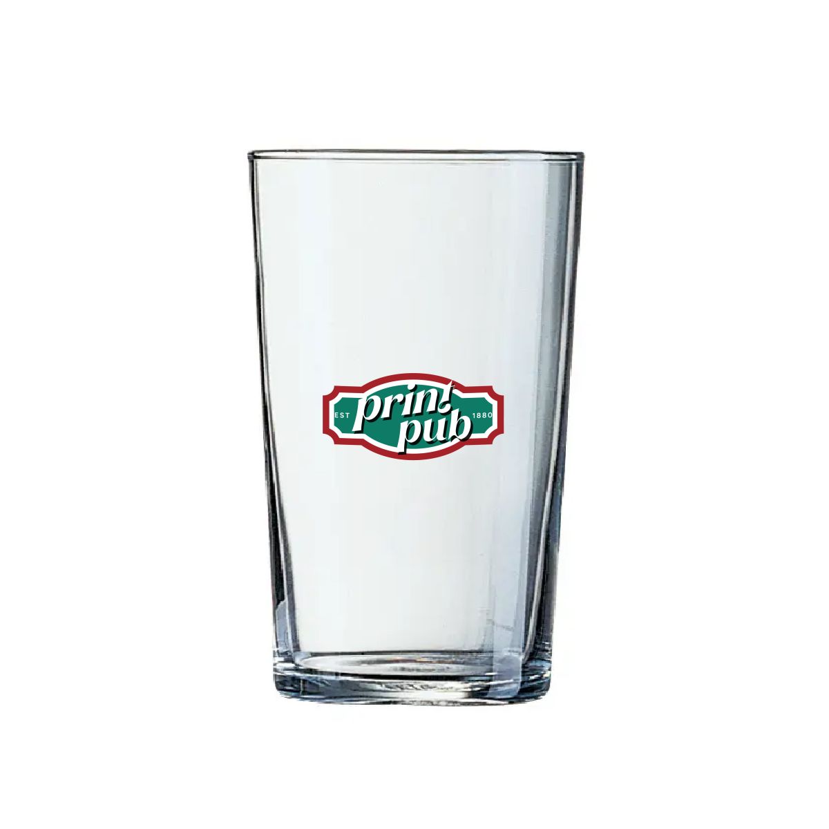 Bierglas Konisch 20 cl. mit mehrfarbigem PrintPub-Logo auf der Vorderseite.