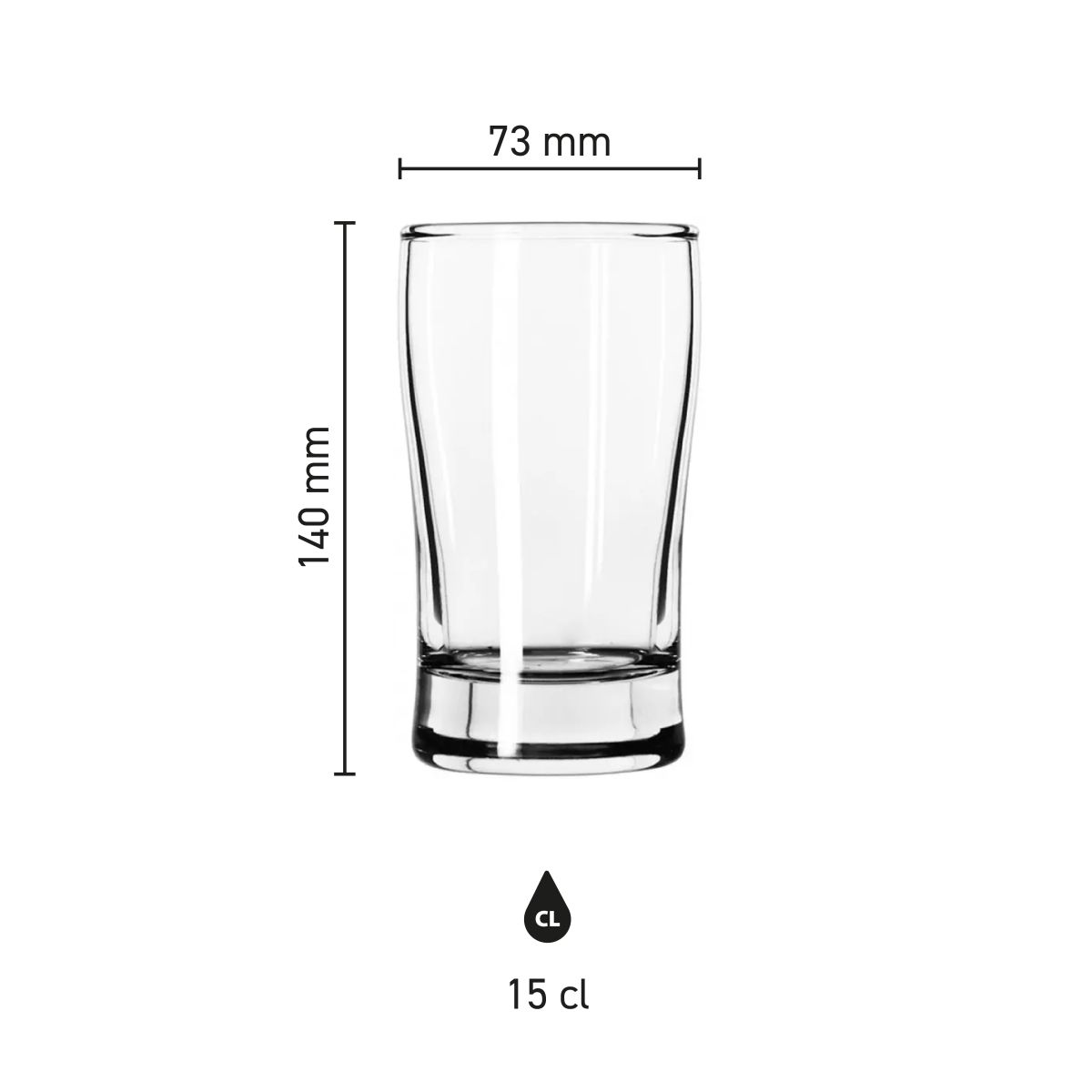 Produktabmessungen des Bier Esquire 15 cl. in übersichtlicher Infografik dargestellt.