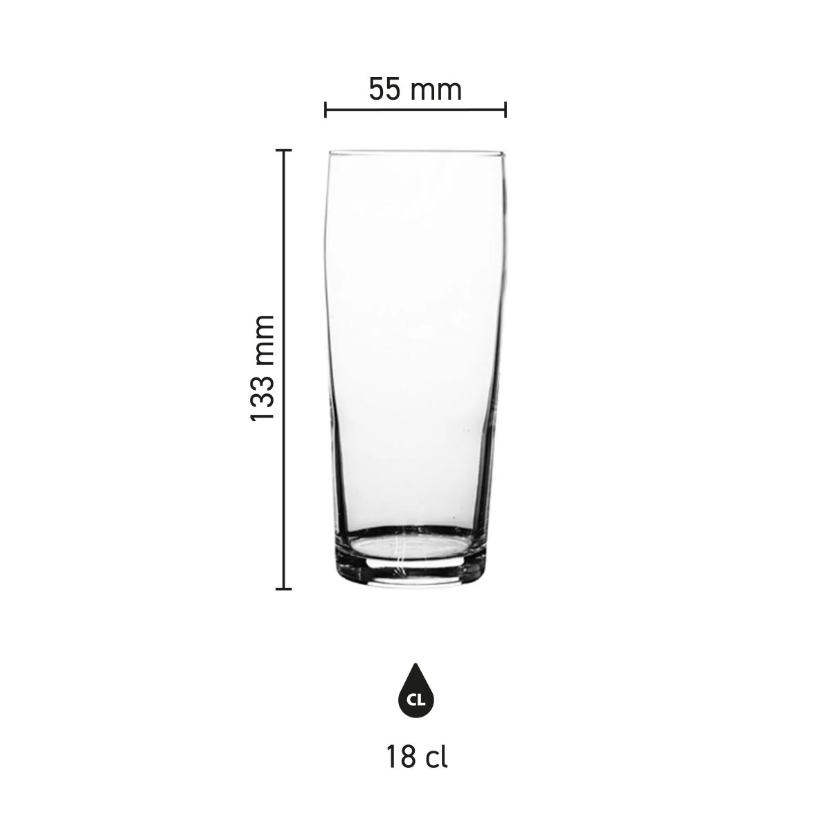Infografik mit den Abmessungen einer Bierglas Willibecher 18 cl. einschließlich Höhe und Durchmesser.