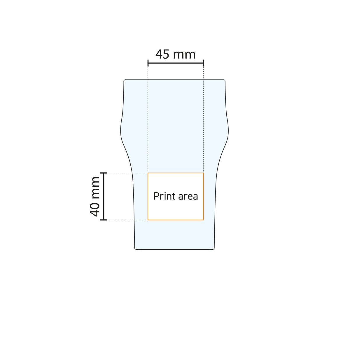 Angabe der verfügbaren Druckfläche auf dem 28 cl. Nonic-Glas in einer technischen Arbeitszeichnung.