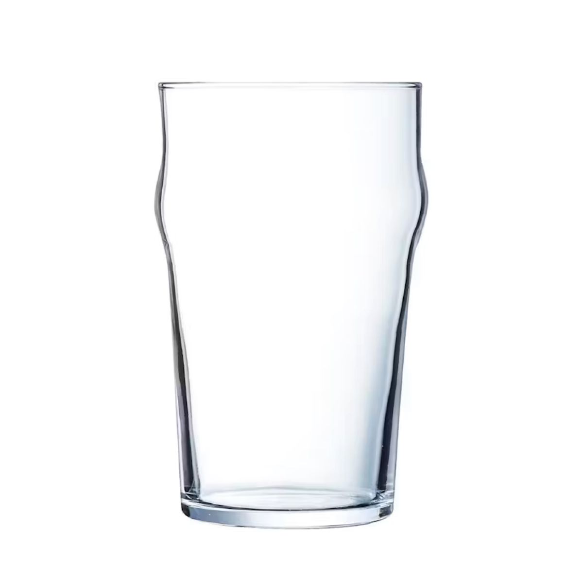 Gerade Vorderansicht des kompakten 28-cl-Bierglases Arcoroc Nonic mit gewölbtem Rand. Gerade Vorderansicht des kompakten 28-cl-Bierglases Arcoroc Nonic mit gewölbtem Rand.