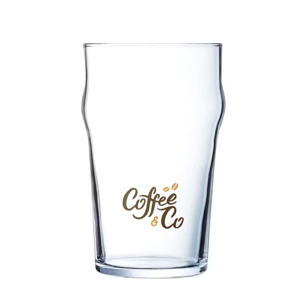 28 cl Bierglas mit vollfarbigem CoffeeCo-Logo auf der Vorderseite des Nonic-Glases.