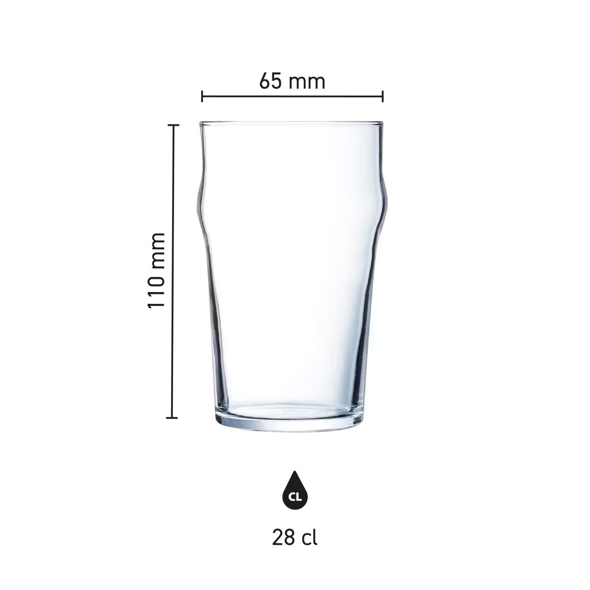 Infografik zeigt Höhe und Durchmesser des 28 cl Arcoroc Nonic Bierglases in der Größenübersicht.