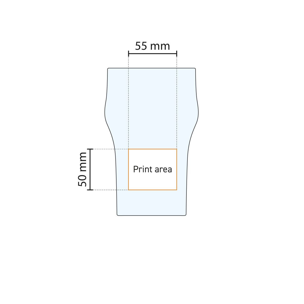 Technische Arbeitszeichnung mit Angabe der Druckfläche auf dem 57 cl Arcoroc-Glas.