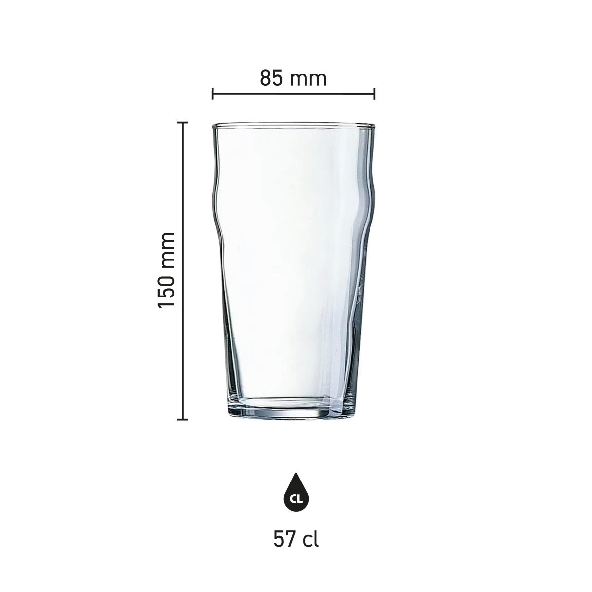 Infografik zur Höhe und zum Durchmesser des 57 cl Arcoroc Nonic Glases in der Produktübersicht.