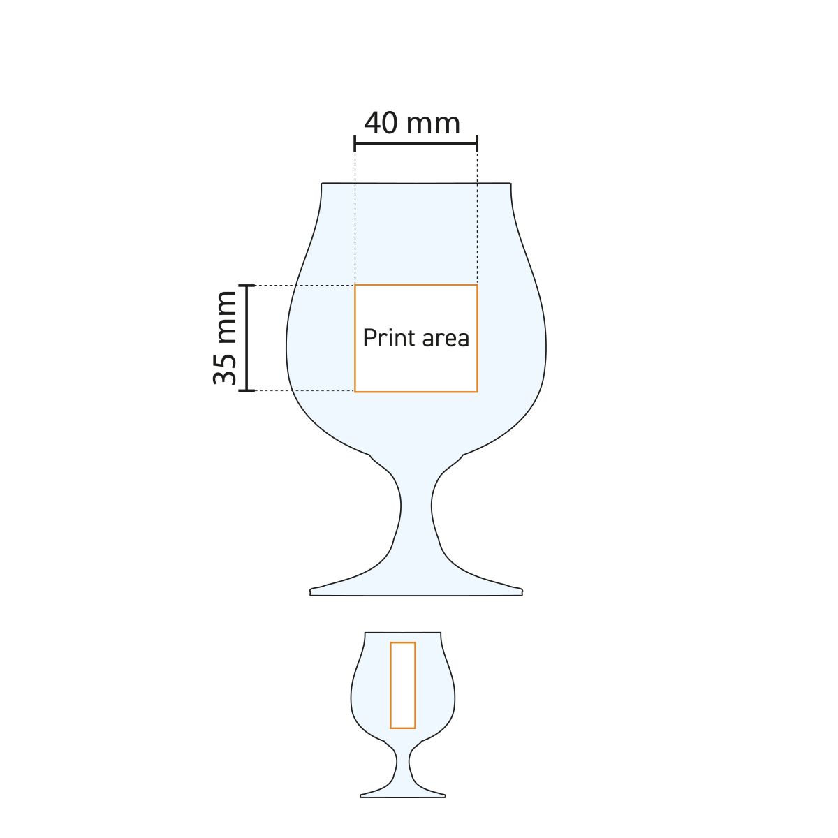 Arbeitszeichnung des Bierglases Breughel 38 cl, zeigt den Druckbereich auf der Glasoberfläche.