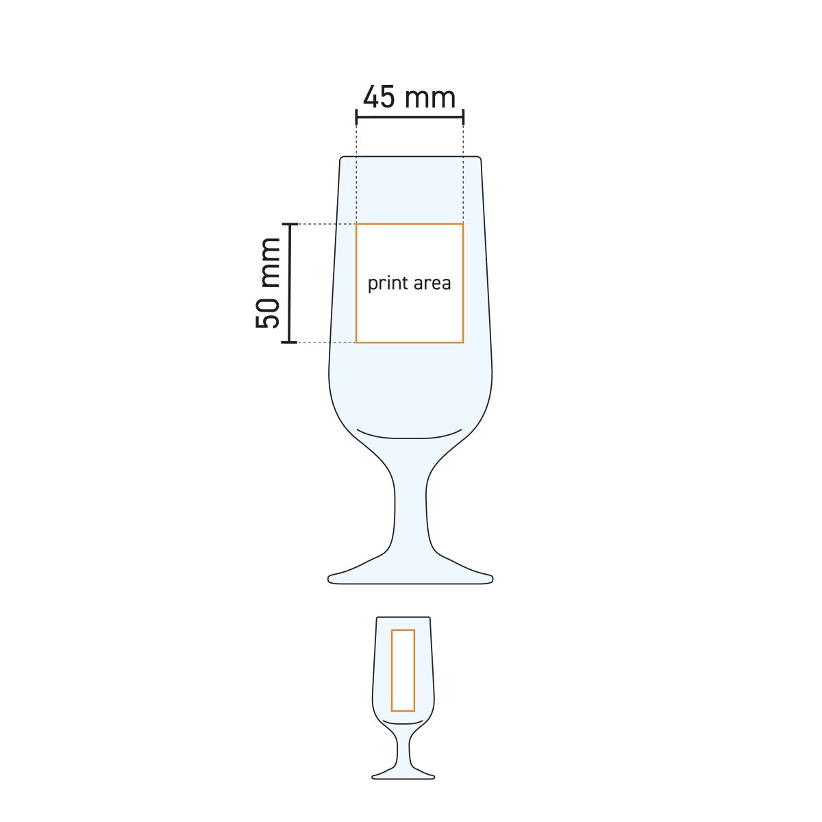 Technische Arbeitszeichnung mit Angabe der Druckfläche auf dem Capri-Bierglas 35 cl.