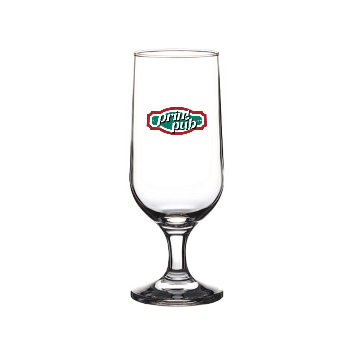 Vorderseite des Capri Bierglases 35 cl. bedruckt mit mehrfarbigem PrintPub-Logo auf der Glasoberfläche.