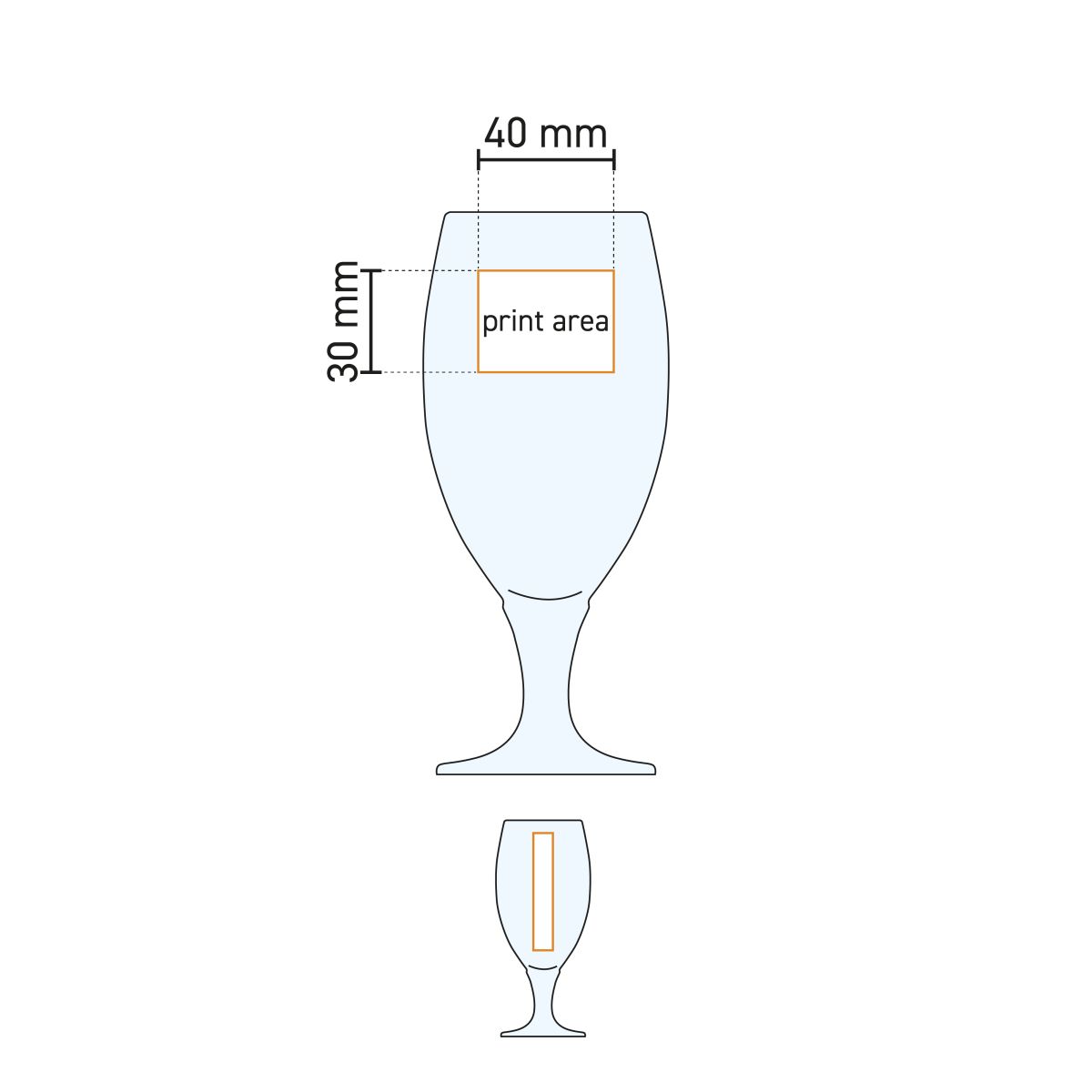 Technische Arbeitszeichnung mit Druckfläche auf Bierglas Cheers 32,5 cl. zur Positionierung des Logos.