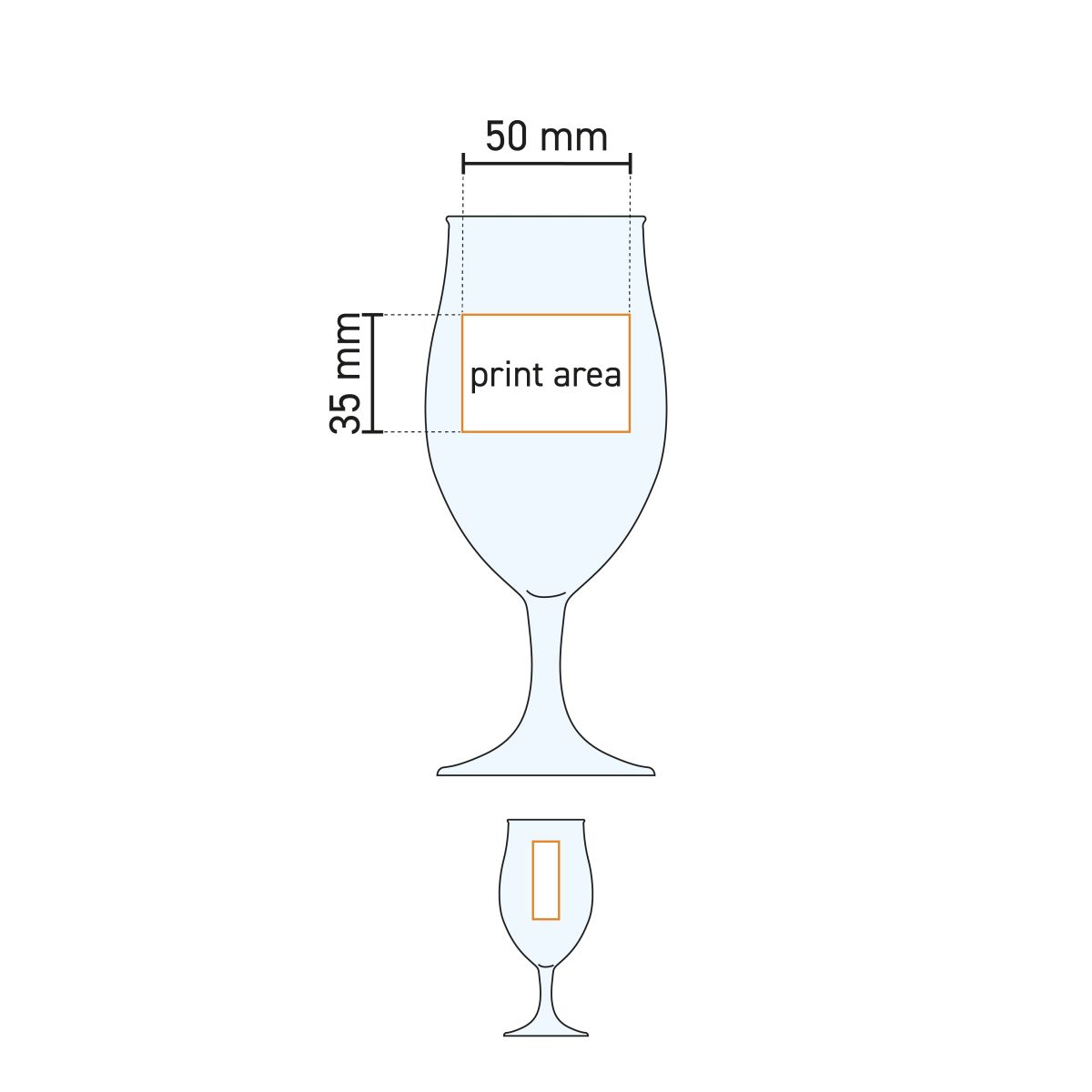 Technische Arbeitszeichnung des Beer Glass Executive 26 cl. mit Markierung des möglichen Druckbereichs.