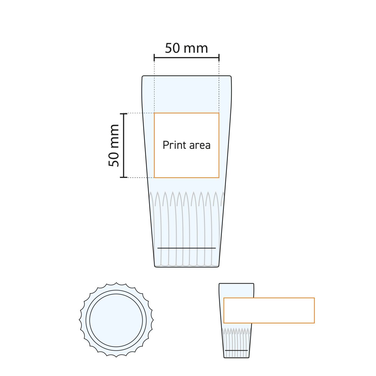 Technische Arbeitszeichnung des Bierglas Gaetan 40 cl. mit Angabe der Druckfläche.