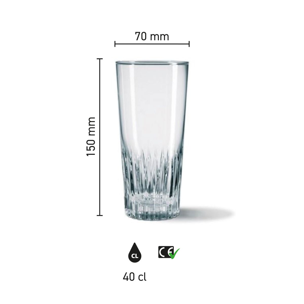 Infografik zeigt Höhe und Durchmesser des Bierglas Gaetan 40 cl. mit Maßstab.