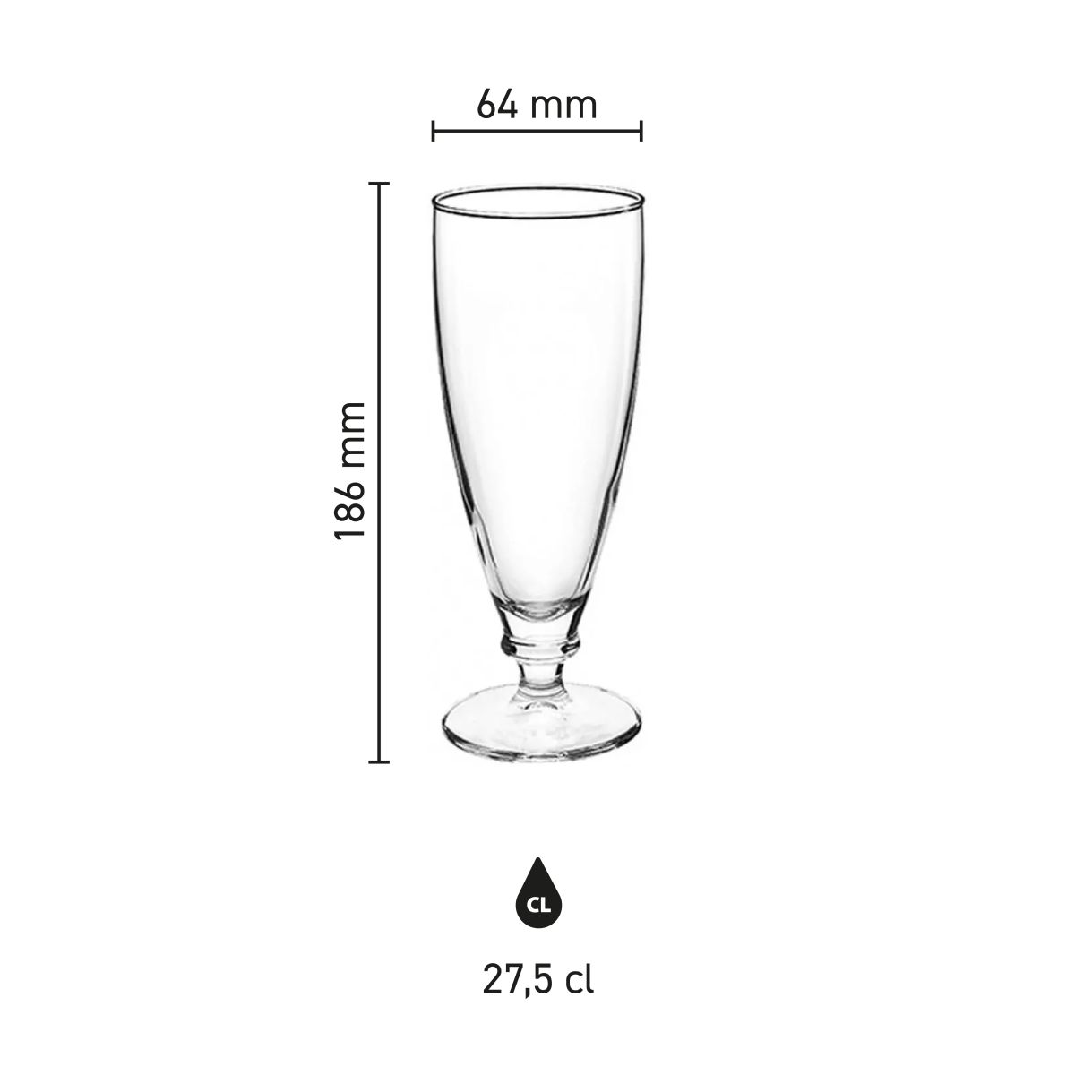 Infografik mit den Produktabmessungen des Harmonia Bierglases 27,5 cl. einschließlich Höhe und Durchmesser.