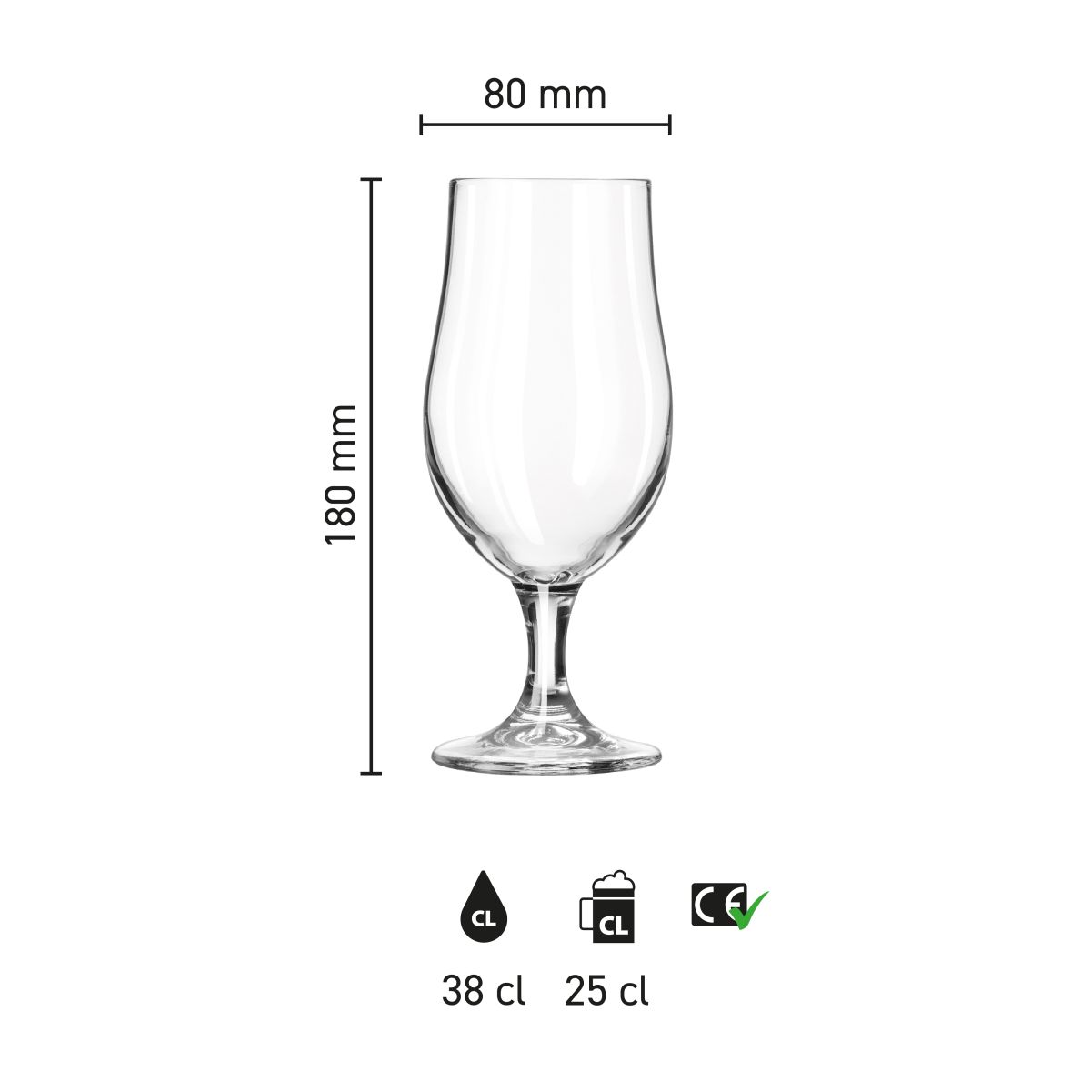 Visuelle Infografik zeigt die Abmessungen des Bierglases Munich 38 cl.
