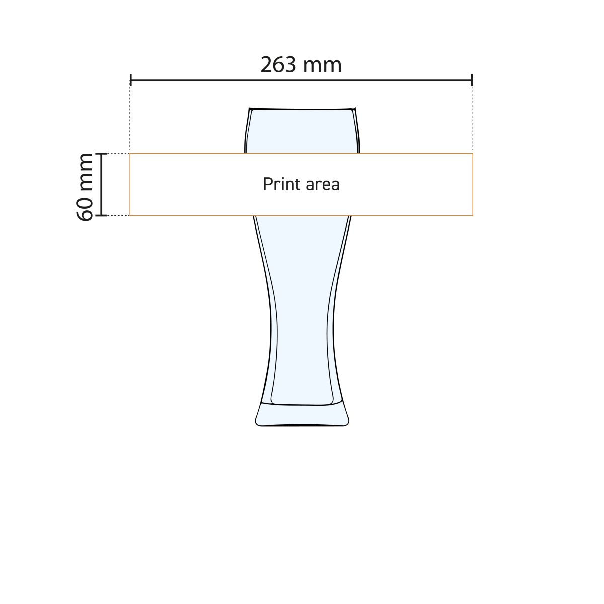 Technische Arbeitszeichnung mit Angabe der Druckfläche auf dem Bierglas Pantheon 50 cl. TAPMAAT Größe.