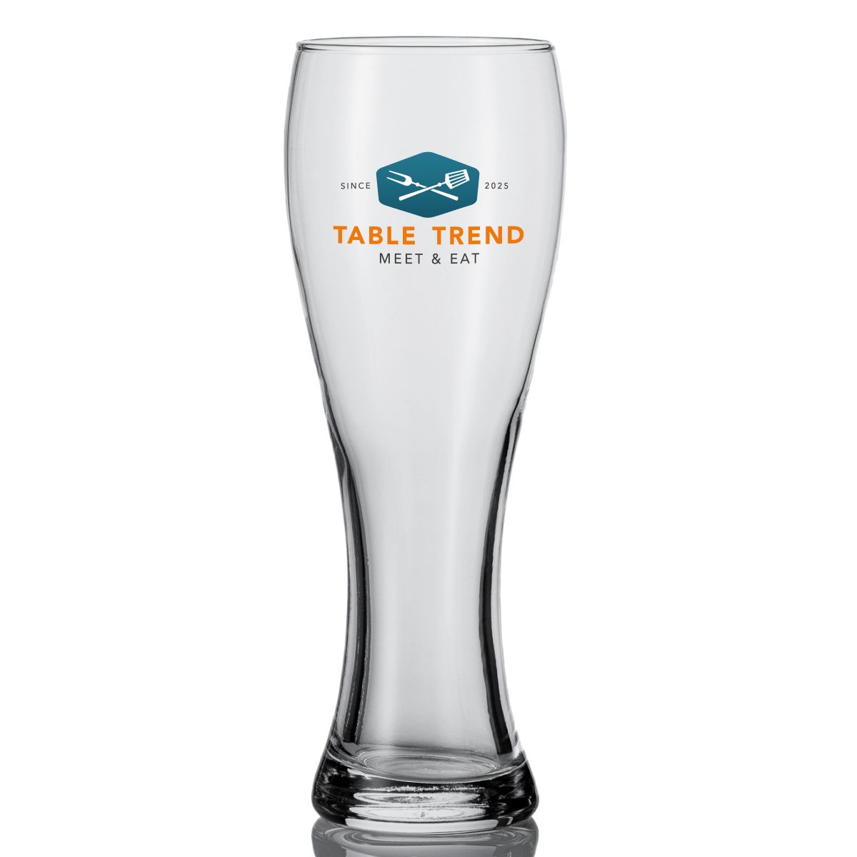 Vorderansicht des Pantheon 50 cl. TAPMAAT Glas mit vollfarbigem TableTrend Logo in der Mitte des Glases.