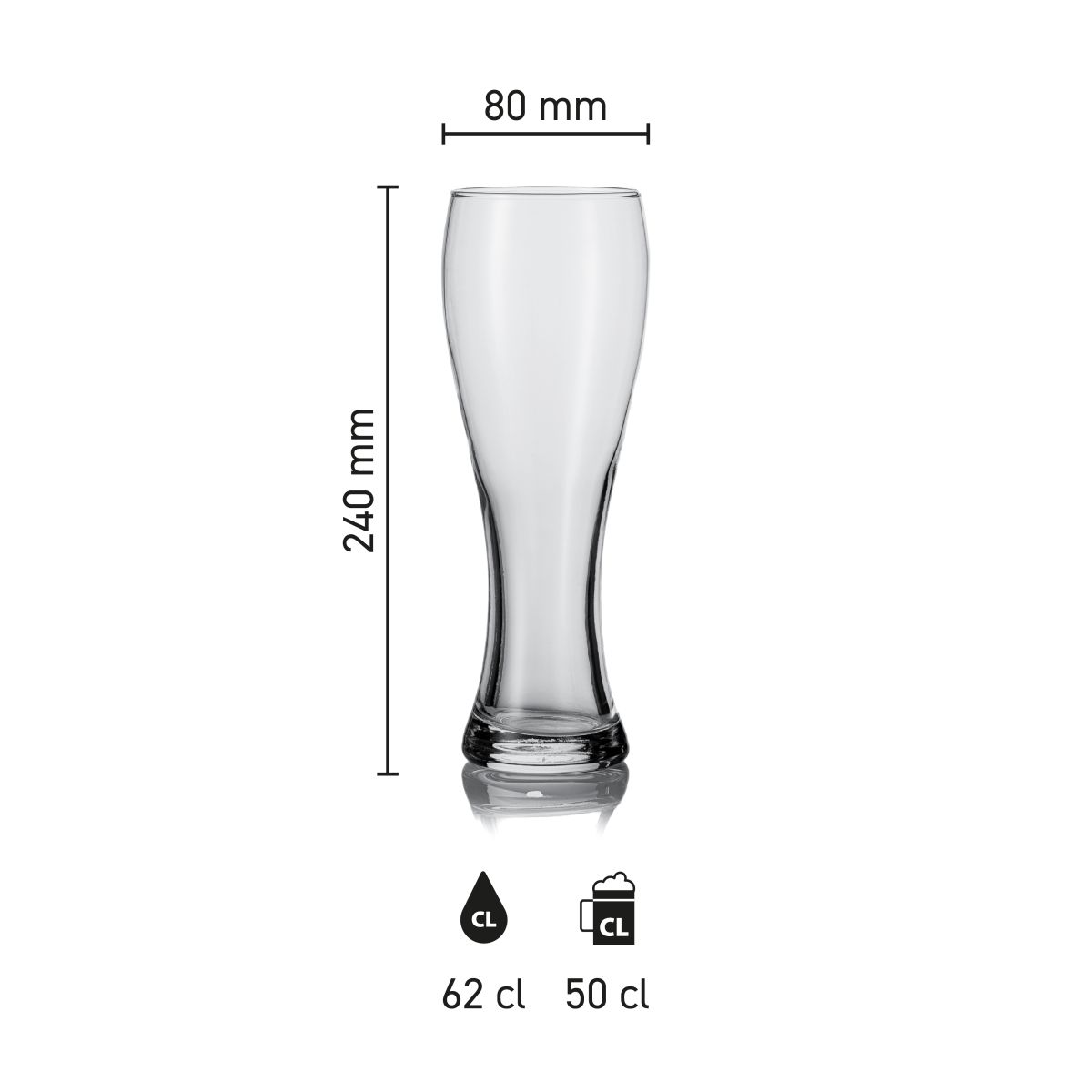 Grafische Illustration des Bierglases Pantheon 50 cl. TAPMAAT mit Angabe von Höhe und Durchmesser.