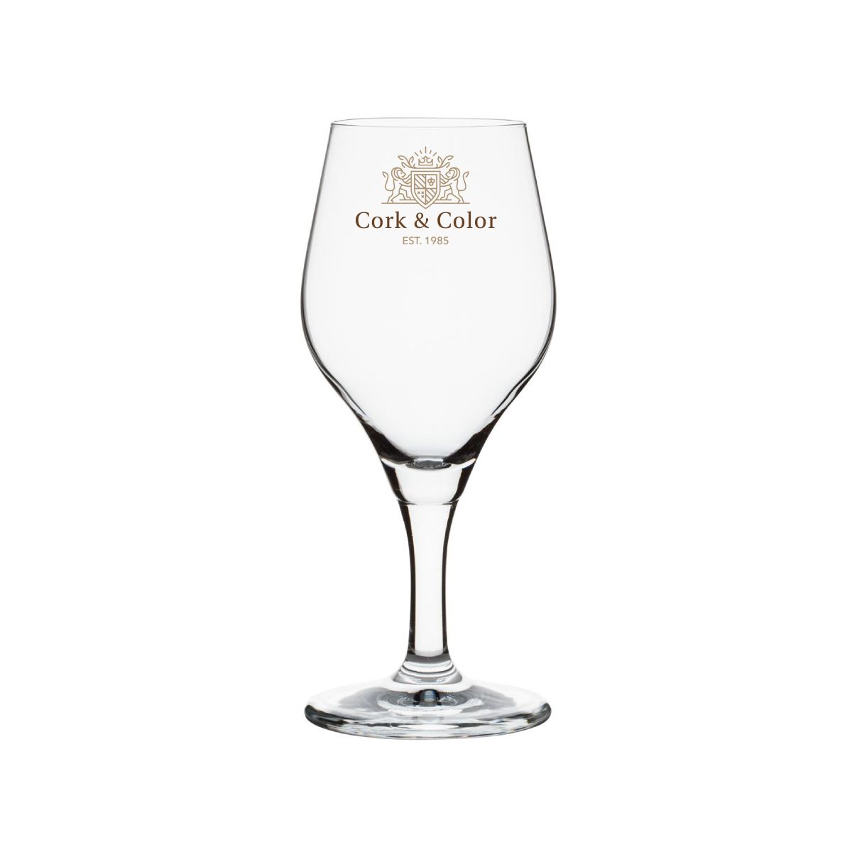 Bierglas Ronceva 25 cl. Degustationsglas mit mehrfarbig gedrucktem CorkColor-Logo auf der Vorderseite des Glases.