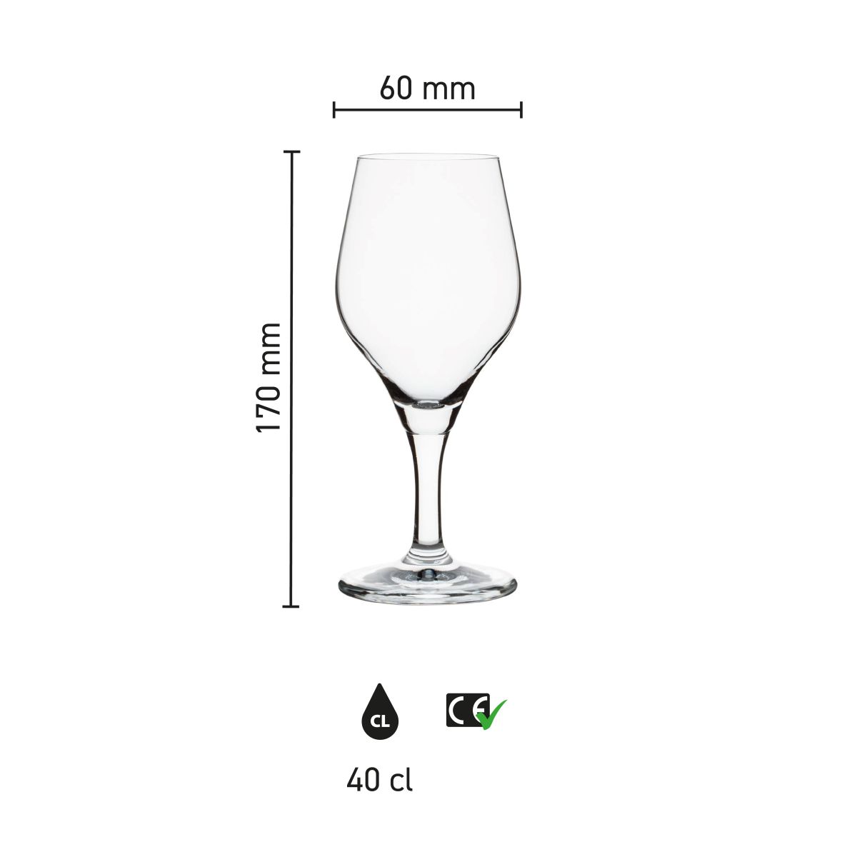 Infografik mit den Abmessungen des Bierglases Ronceva 25 cl, einschließlich Höhe und Durchmesser.