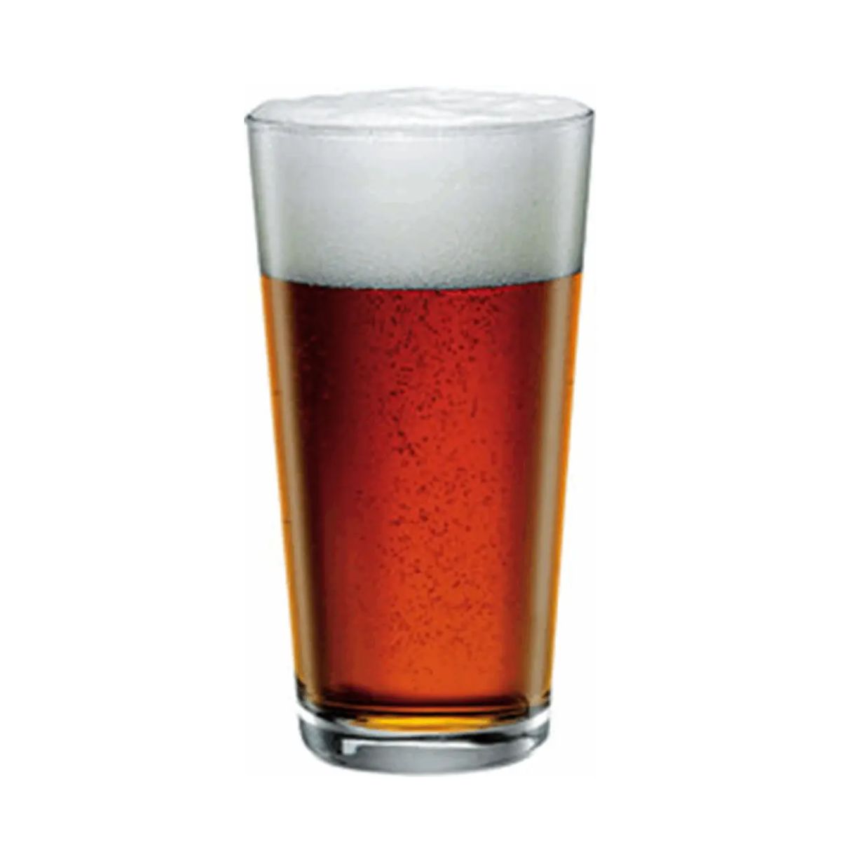 Gefülltes Bierglas Sestriere 39 cl mit Bier auf weißem Hintergrund, einschließlich Schaum auf der Spitze.