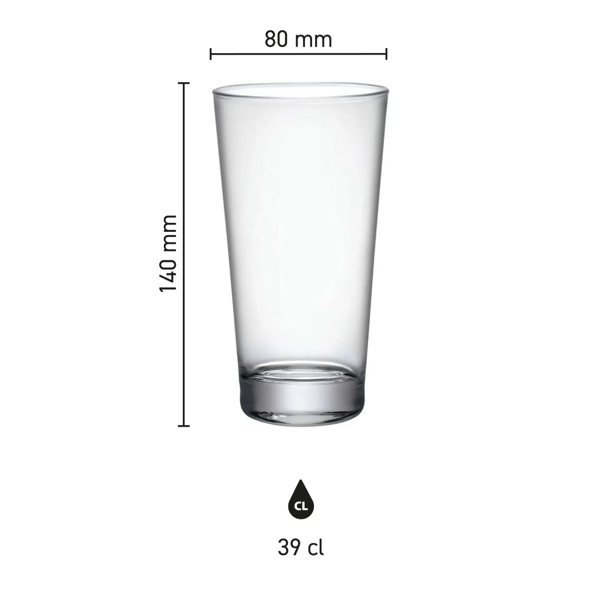 Infografik mit den Abmessungen des Bierglases Sestriere 39 cl. einschließlich Höhe und Durchmesser.