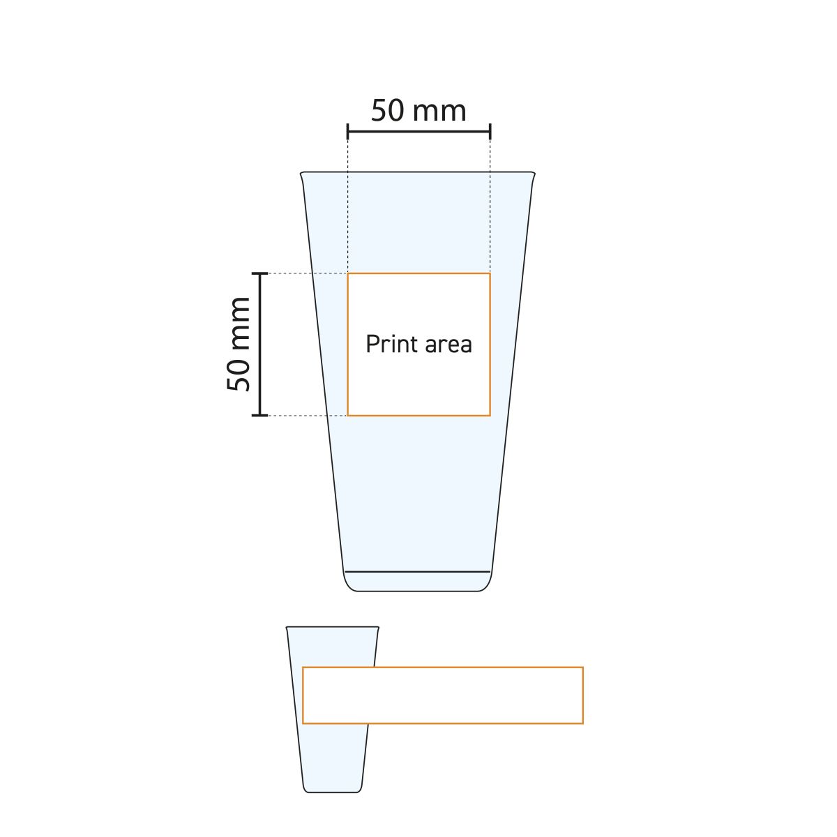 Technische Arbeitszeichnung einer Bierglasvase 47 cl. mit Druckflächenangabe.