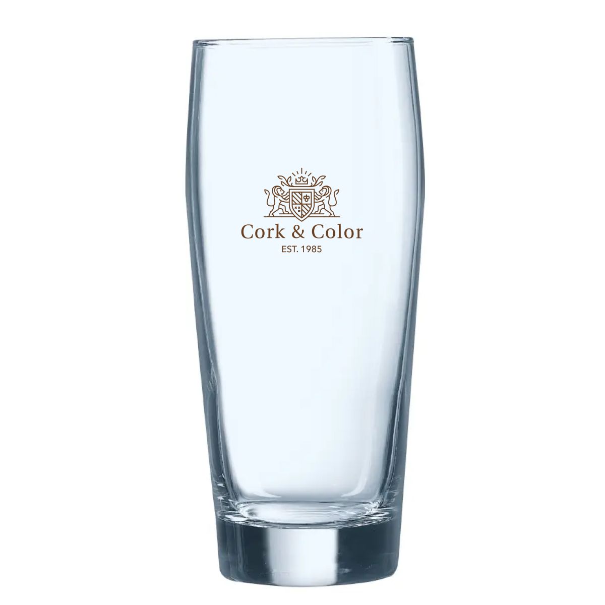 Bierglas Willy 40 cl. bedruckt mit einfarbigem CorkColor Logo auf der Vorderseite des Glases.