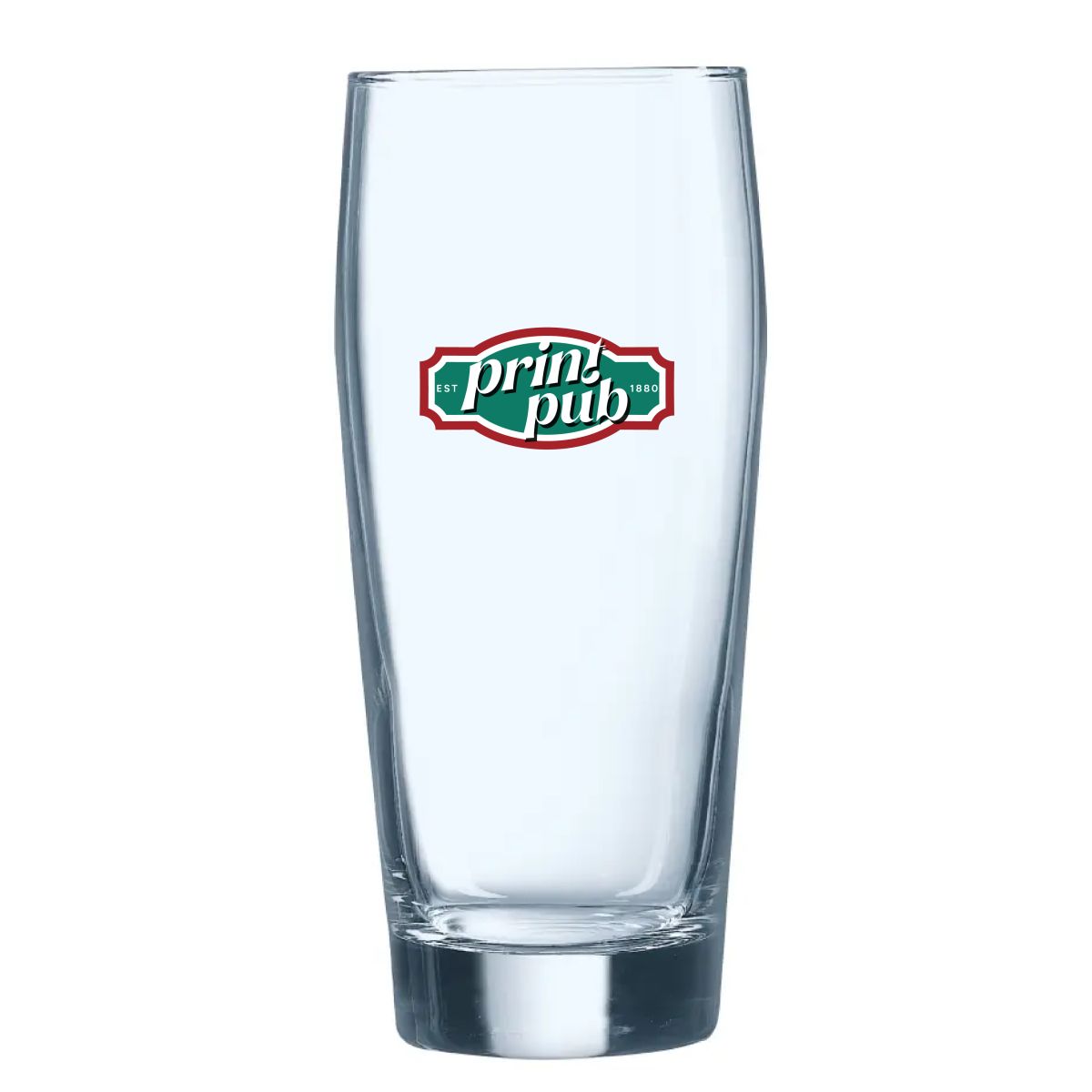 Vorderansicht des Bierglas Willy 40 cl. mit mehrfarbig gedrucktem PrintPub-Logo in mehreren Farben.